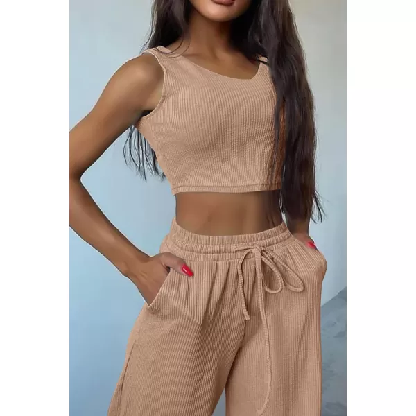 imagePRETTYGARDEN Womens 2023 Fall Track Suits 3 Piece Outfits Matching Sets Ribbed Knit Cardigan Cropped Tank Tops Wide Leg PantsKhaki