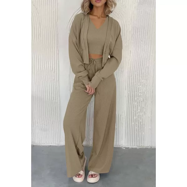 imagePRETTYGARDEN Womens 2023 Fall Track Suits 3 Piece Outfits Matching Sets Ribbed Knit Cardigan Cropped Tank Tops Wide Leg PantsLight Army Green