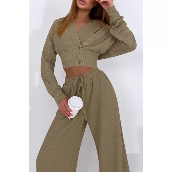 imagePRETTYGARDEN Womens 2023 Fall Track Suits 3 Piece Outfits Matching Sets Ribbed Knit Cardigan Cropped Tank Tops Wide Leg PantsLight Army Green