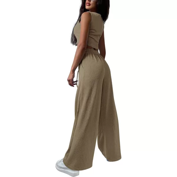 imagePRETTYGARDEN Womens 2023 Fall Track Suits 3 Piece Outfits Matching Sets Ribbed Knit Cardigan Cropped Tank Tops Wide Leg PantsLight Army Green