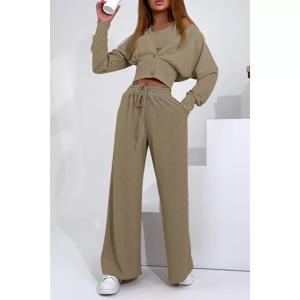 imagePRETTYGARDEN Womens 2023 Fall Track Suits 3 Piece Outfits Matching Sets Ribbed Knit Cardigan Cropped Tank Tops Wide Leg PantsLight Army Green