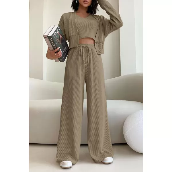 imagePRETTYGARDEN Womens 2023 Fall Track Suits 3 Piece Outfits Matching Sets Ribbed Knit Cardigan Cropped Tank Tops Wide Leg PantsLight Army Green