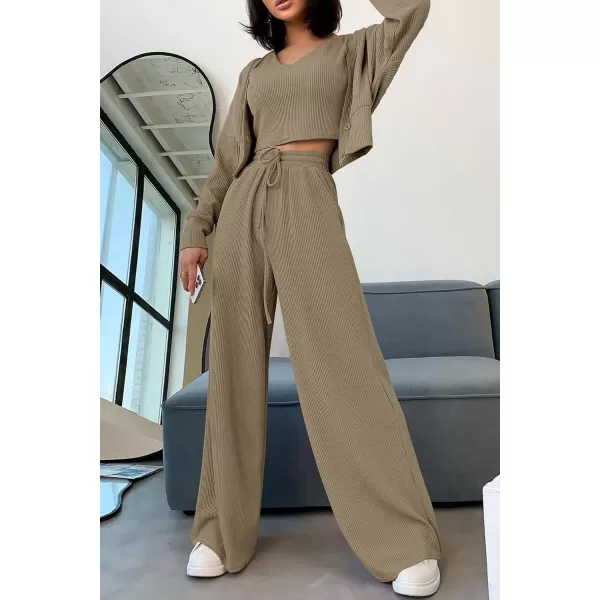 imagePRETTYGARDEN Womens 2023 Fall Track Suits 3 Piece Outfits Matching Sets Ribbed Knit Cardigan Cropped Tank Tops Wide Leg PantsLight Army Green