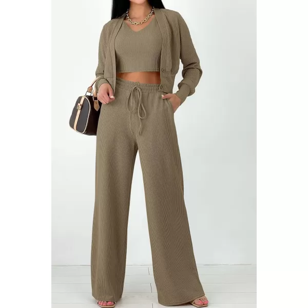 imagePRETTYGARDEN Womens 2023 Fall Track Suits 3 Piece Outfits Matching Sets Ribbed Knit Cardigan Cropped Tank Tops Wide Leg PantsLight Army Green