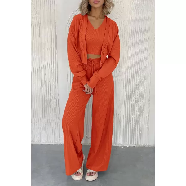 imagePRETTYGARDEN Womens 2023 Fall Track Suits 3 Piece Outfits Matching Sets Ribbed Knit Cardigan Cropped Tank Tops Wide Leg PantsOrange