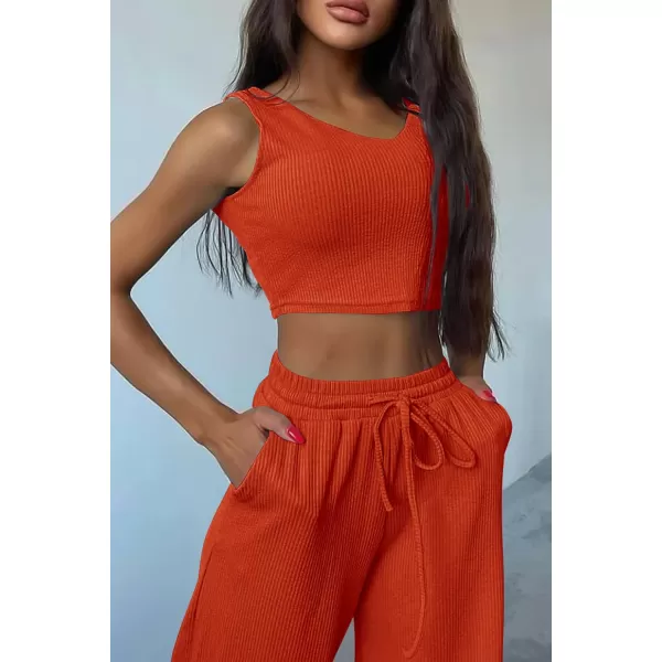 imagePRETTYGARDEN Womens 2023 Fall Track Suits 3 Piece Outfits Matching Sets Ribbed Knit Cardigan Cropped Tank Tops Wide Leg PantsOrange