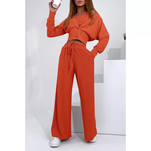 imagePRETTYGARDEN Womens 2023 Fall Track Suits 3 Piece Outfits Matching Sets Ribbed Knit Cardigan Cropped Tank Tops Wide Leg PantsOrange