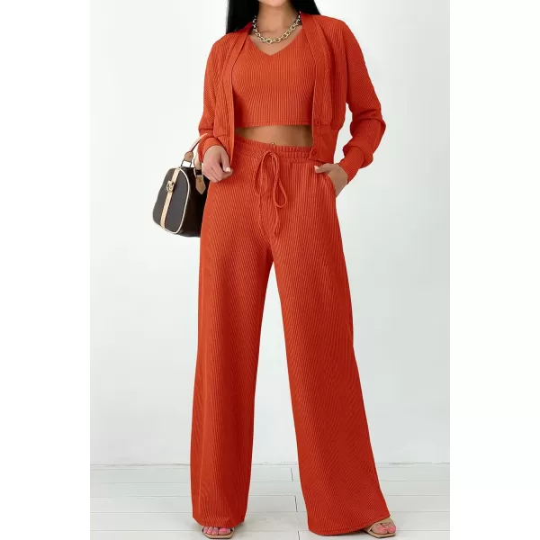 imagePRETTYGARDEN Womens 2023 Fall Track Suits 3 Piece Outfits Matching Sets Ribbed Knit Cardigan Cropped Tank Tops Wide Leg PantsOrange