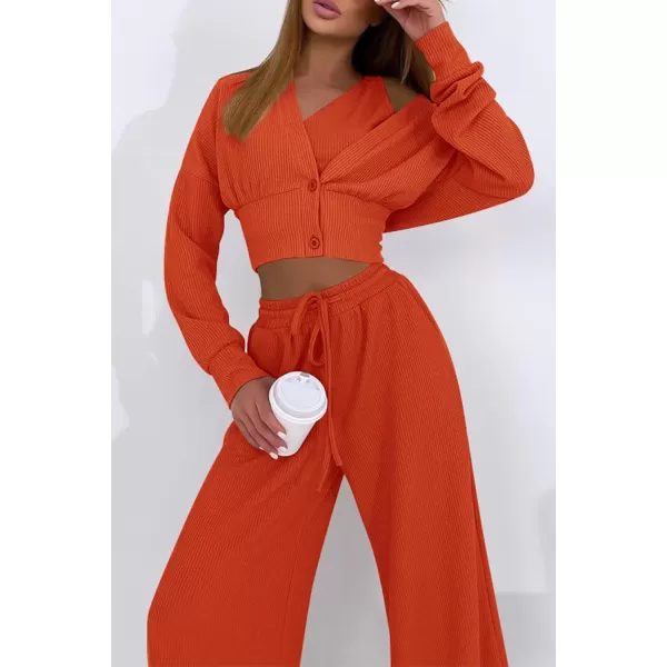 imagePRETTYGARDEN Womens 2023 Fall Track Suits 3 Piece Outfits Matching Sets Ribbed Knit Cardigan Cropped Tank Tops Wide Leg PantsOrange