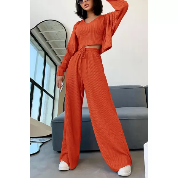 imagePRETTYGARDEN Womens 2023 Fall Track Suits 3 Piece Outfits Matching Sets Ribbed Knit Cardigan Cropped Tank Tops Wide Leg PantsOrange