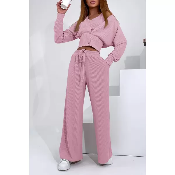 imagePRETTYGARDEN Womens 2023 Fall Track Suits 3 Piece Outfits Matching Sets Ribbed Knit Cardigan Cropped Tank Tops Wide Leg PantsPink
