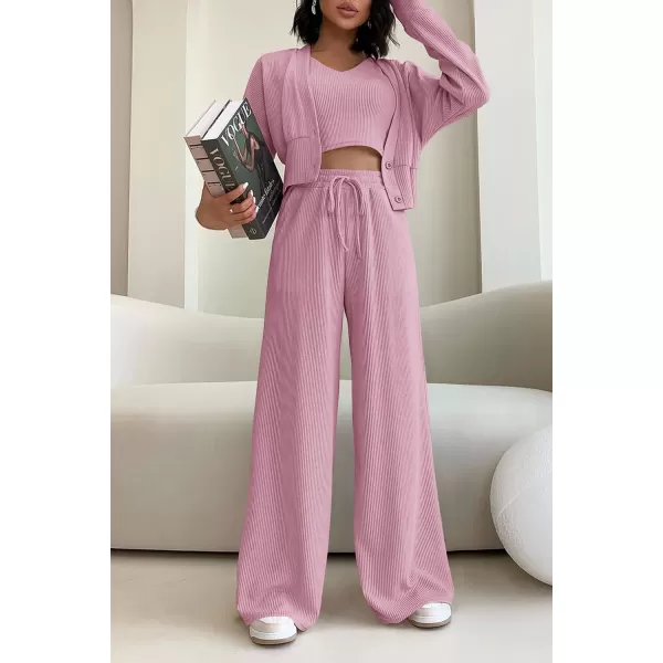 imagePRETTYGARDEN Womens 2023 Fall Track Suits 3 Piece Outfits Matching Sets Ribbed Knit Cardigan Cropped Tank Tops Wide Leg PantsPink