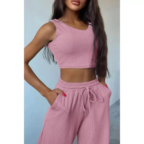 imagePRETTYGARDEN Womens 2023 Fall Track Suits 3 Piece Outfits Matching Sets Ribbed Knit Cardigan Cropped Tank Tops Wide Leg PantsPink