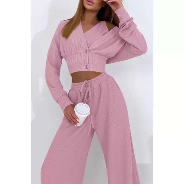 imagePRETTYGARDEN Womens 2023 Fall Track Suits 3 Piece Outfits Matching Sets Ribbed Knit Cardigan Cropped Tank Tops Wide Leg PantsPink