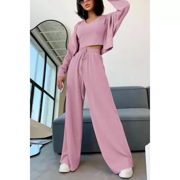 imagePRETTYGARDEN Womens 2023 Fall Track Suits 3 Piece Outfits Matching Sets Ribbed Knit Cardigan Cropped Tank Tops Wide Leg PantsPink
