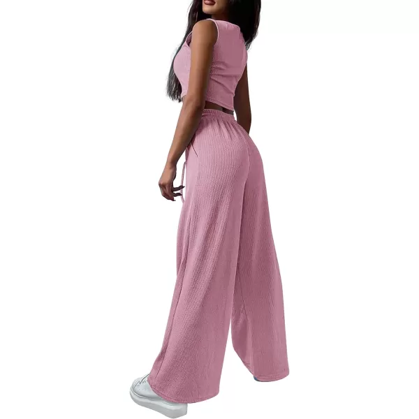 imagePRETTYGARDEN Womens 2023 Fall Track Suits 3 Piece Outfits Matching Sets Ribbed Knit Cardigan Cropped Tank Tops Wide Leg PantsPink