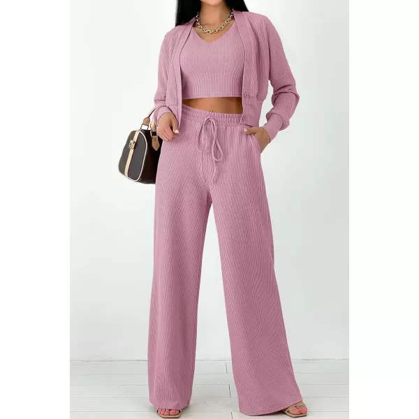 imagePRETTYGARDEN Womens 2023 Fall Track Suits 3 Piece Outfits Matching Sets Ribbed Knit Cardigan Cropped Tank Tops Wide Leg PantsPink