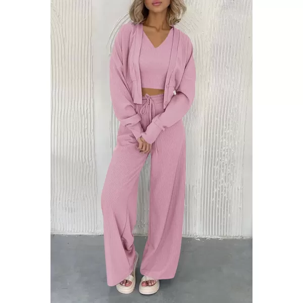 imagePRETTYGARDEN Womens 2023 Fall Track Suits 3 Piece Outfits Matching Sets Ribbed Knit Cardigan Cropped Tank Tops Wide Leg PantsPink