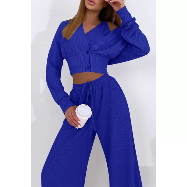 imagePRETTYGARDEN Womens 2023 Fall Track Suits 3 Piece Outfits Matching Sets Ribbed Knit Cardigan Cropped Tank Tops Wide Leg PantsRoyal Blue