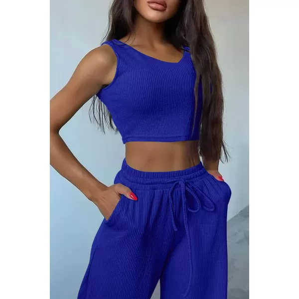 imagePRETTYGARDEN Womens 2023 Fall Track Suits 3 Piece Outfits Matching Sets Ribbed Knit Cardigan Cropped Tank Tops Wide Leg PantsRoyal Blue
