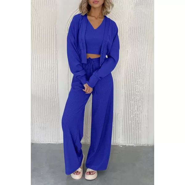 imagePRETTYGARDEN Womens 2023 Fall Track Suits 3 Piece Outfits Matching Sets Ribbed Knit Cardigan Cropped Tank Tops Wide Leg PantsRoyal Blue