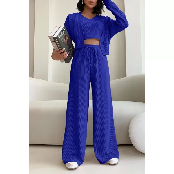 imagePRETTYGARDEN Womens 2023 Fall Track Suits 3 Piece Outfits Matching Sets Ribbed Knit Cardigan Cropped Tank Tops Wide Leg PantsRoyal Blue
