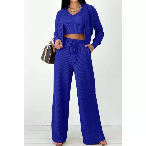 imagePRETTYGARDEN Womens 2023 Fall Track Suits 3 Piece Outfits Matching Sets Ribbed Knit Cardigan Cropped Tank Tops Wide Leg PantsRoyal Blue