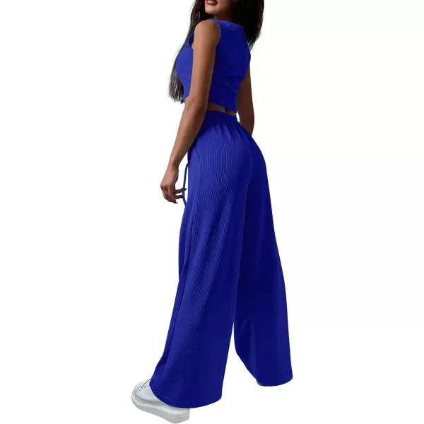 imagePRETTYGARDEN Womens 2023 Fall Track Suits 3 Piece Outfits Matching Sets Ribbed Knit Cardigan Cropped Tank Tops Wide Leg PantsRoyal Blue