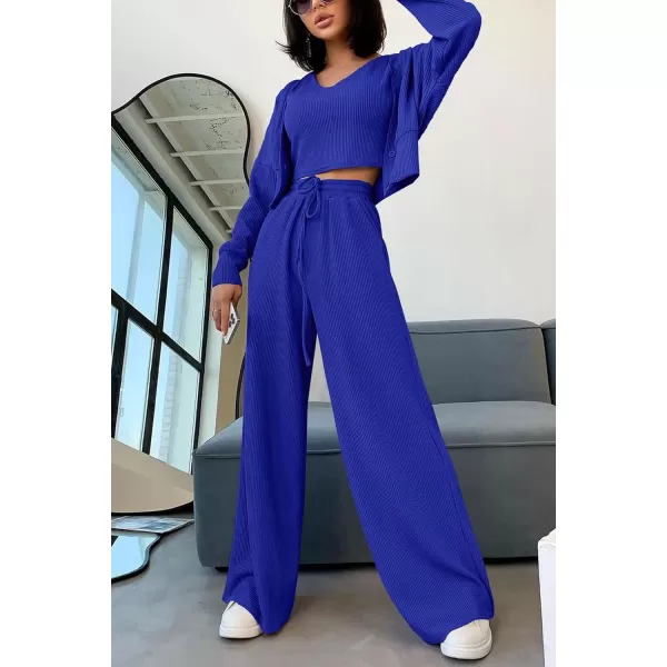 imagePRETTYGARDEN Womens 2023 Fall Track Suits 3 Piece Outfits Matching Sets Ribbed Knit Cardigan Cropped Tank Tops Wide Leg PantsRoyal Blue