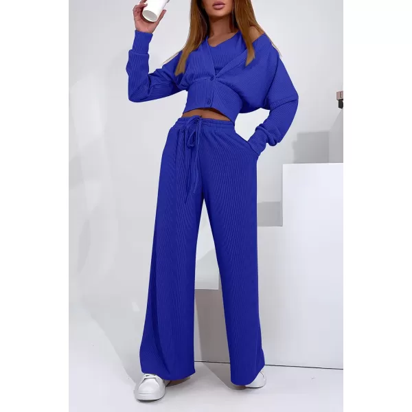 imagePRETTYGARDEN Womens 2023 Fall Track Suits 3 Piece Outfits Matching Sets Ribbed Knit Cardigan Cropped Tank Tops Wide Leg PantsRoyal Blue