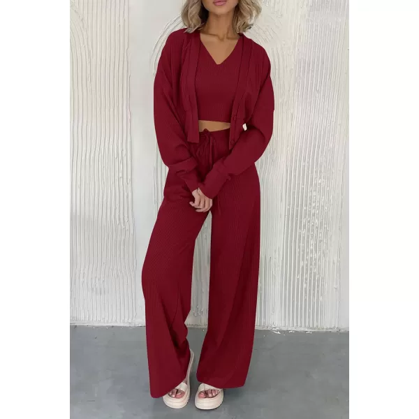 imagePRETTYGARDEN Womens 2023 Fall Track Suits 3 Piece Outfits Matching Sets Ribbed Knit Cardigan Cropped Tank Tops Wide Leg PantsWine Red