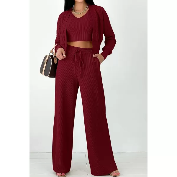 imagePRETTYGARDEN Womens 2023 Fall Track Suits 3 Piece Outfits Matching Sets Ribbed Knit Cardigan Cropped Tank Tops Wide Leg PantsWine Red