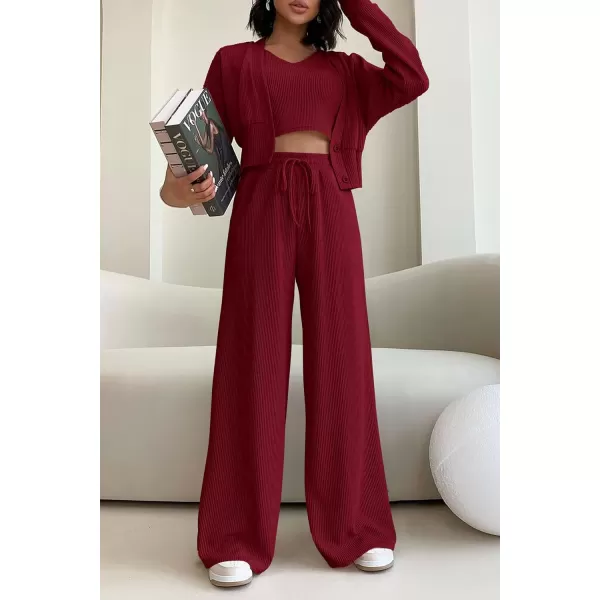 imagePRETTYGARDEN Womens 2023 Fall Track Suits 3 Piece Outfits Matching Sets Ribbed Knit Cardigan Cropped Tank Tops Wide Leg PantsWine Red