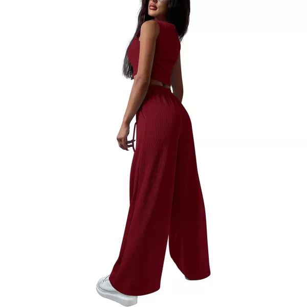 imagePRETTYGARDEN Womens 2023 Fall Track Suits 3 Piece Outfits Matching Sets Ribbed Knit Cardigan Cropped Tank Tops Wide Leg PantsWine Red