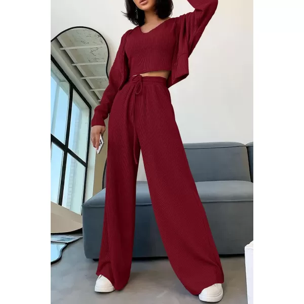 imagePRETTYGARDEN Womens 2023 Fall Track Suits 3 Piece Outfits Matching Sets Ribbed Knit Cardigan Cropped Tank Tops Wide Leg PantsWine Red