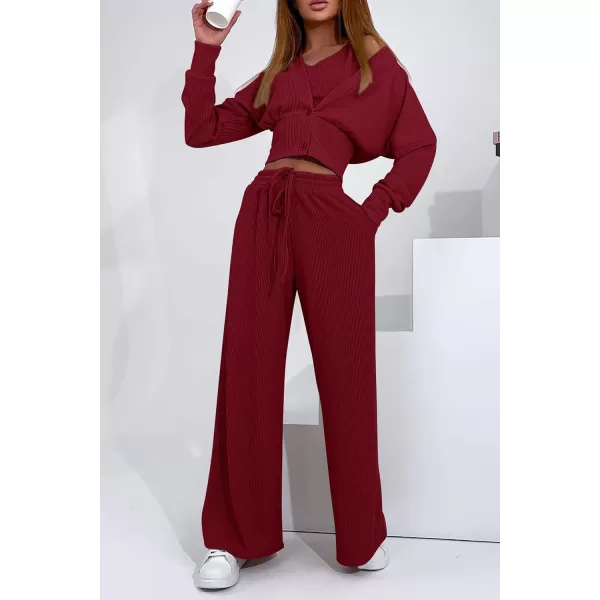 imagePRETTYGARDEN Womens 2023 Fall Track Suits 3 Piece Outfits Matching Sets Ribbed Knit Cardigan Cropped Tank Tops Wide Leg PantsWine Red