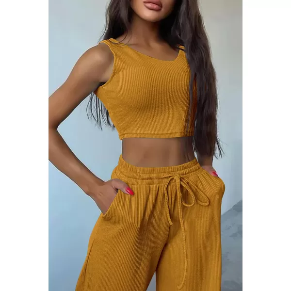 imagePRETTYGARDEN Womens 2023 Fall Track Suits 3 Piece Outfits Matching Sets Ribbed Knit Cardigan Cropped Tank Tops Wide Leg PantsYellow