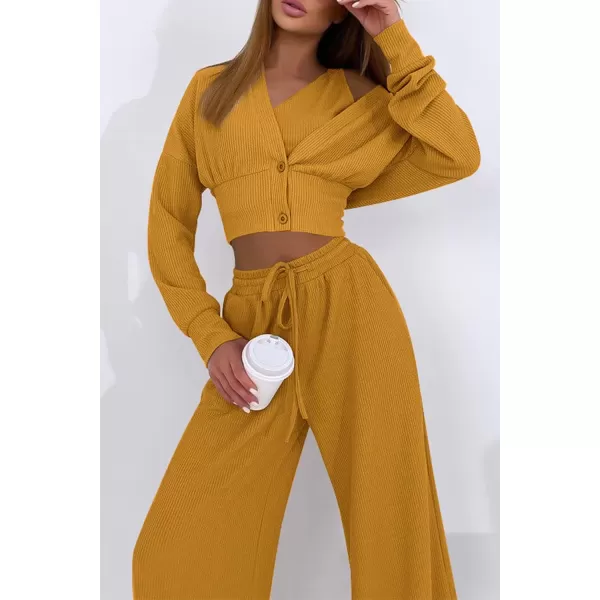imagePRETTYGARDEN Womens 2023 Fall Track Suits 3 Piece Outfits Matching Sets Ribbed Knit Cardigan Cropped Tank Tops Wide Leg PantsYellow