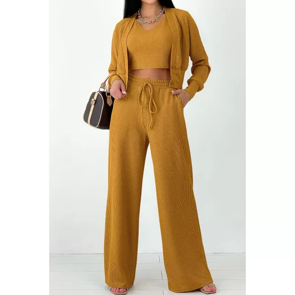 imagePRETTYGARDEN Womens 2023 Fall Track Suits 3 Piece Outfits Matching Sets Ribbed Knit Cardigan Cropped Tank Tops Wide Leg PantsYellow