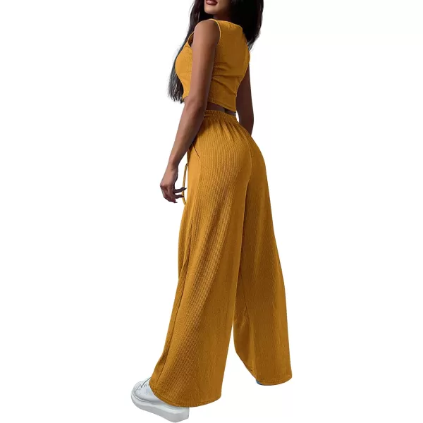 imagePRETTYGARDEN Womens 2023 Fall Track Suits 3 Piece Outfits Matching Sets Ribbed Knit Cardigan Cropped Tank Tops Wide Leg PantsYellow