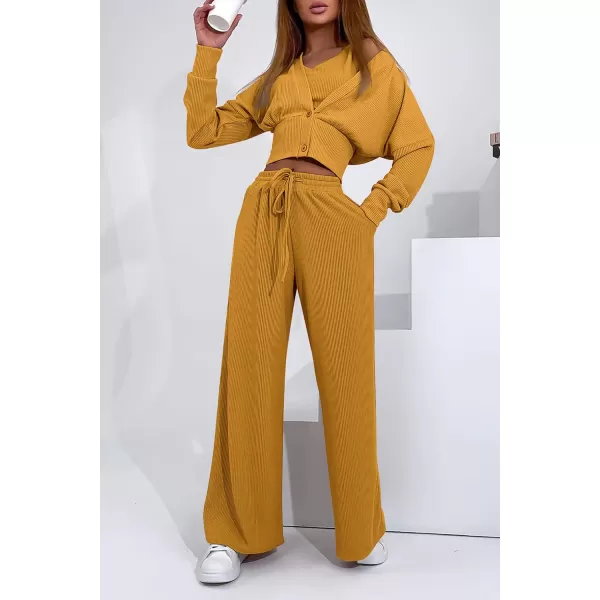 imagePRETTYGARDEN Womens 2023 Fall Track Suits 3 Piece Outfits Matching Sets Ribbed Knit Cardigan Cropped Tank Tops Wide Leg PantsYellow