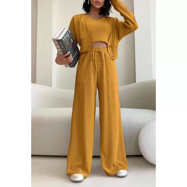 imagePRETTYGARDEN Womens 2023 Fall Track Suits 3 Piece Outfits Matching Sets Ribbed Knit Cardigan Cropped Tank Tops Wide Leg PantsYellow