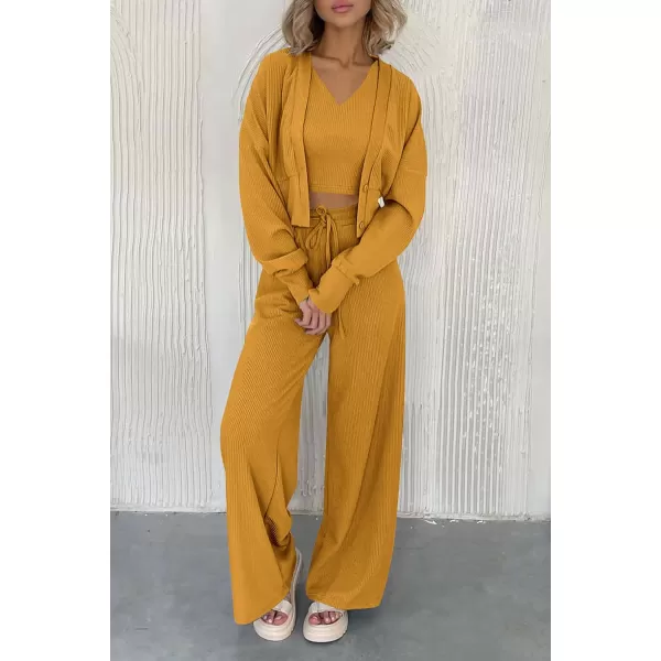 imagePRETTYGARDEN Womens 2023 Fall Track Suits 3 Piece Outfits Matching Sets Ribbed Knit Cardigan Cropped Tank Tops Wide Leg PantsYellow