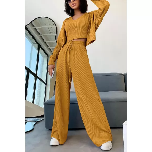 imagePRETTYGARDEN Womens 2023 Fall Track Suits 3 Piece Outfits Matching Sets Ribbed Knit Cardigan Cropped Tank Tops Wide Leg PantsYellow