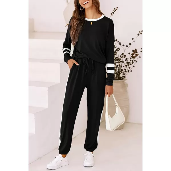imagePRETTYGARDEN Womens 2023 Fall Two Piece Outfit Long Sleeve Crewneck Pullover Tops and Long Pants TracksuitStriped Black