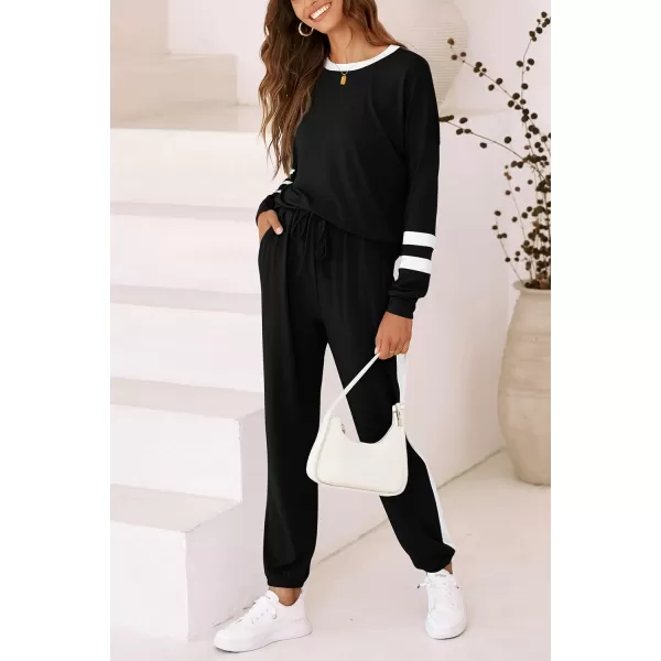 imagePRETTYGARDEN Womens 2023 Fall Two Piece Outfit Long Sleeve Crewneck Pullover Tops and Long Pants TracksuitStriped Black