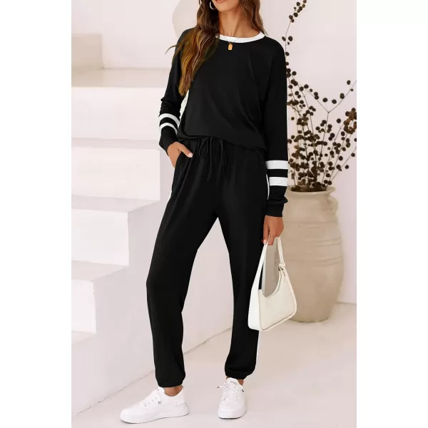 imagePRETTYGARDEN Womens 2023 Fall Two Piece Outfit Long Sleeve Crewneck Pullover Tops and Long Pants TracksuitStriped Black