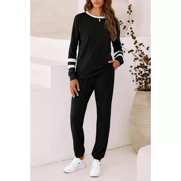 imagePRETTYGARDEN Womens 2023 Fall Two Piece Outfit Long Sleeve Crewneck Pullover Tops and Long Pants TracksuitStriped Black