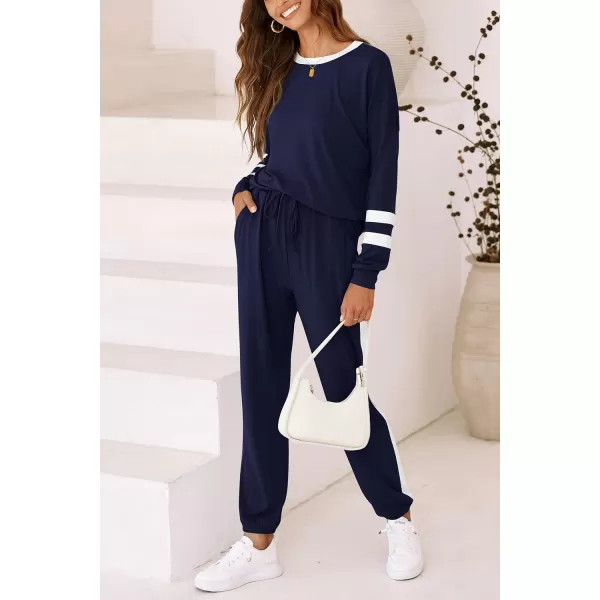 imagePRETTYGARDEN Womens 2023 Fall Two Piece Outfit Long Sleeve Crewneck Pullover Tops and Long Pants TracksuitStriped Dark Blue