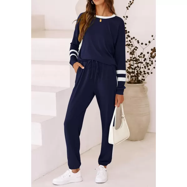 imagePRETTYGARDEN Womens 2023 Fall Two Piece Outfit Long Sleeve Crewneck Pullover Tops and Long Pants TracksuitStriped Dark Blue